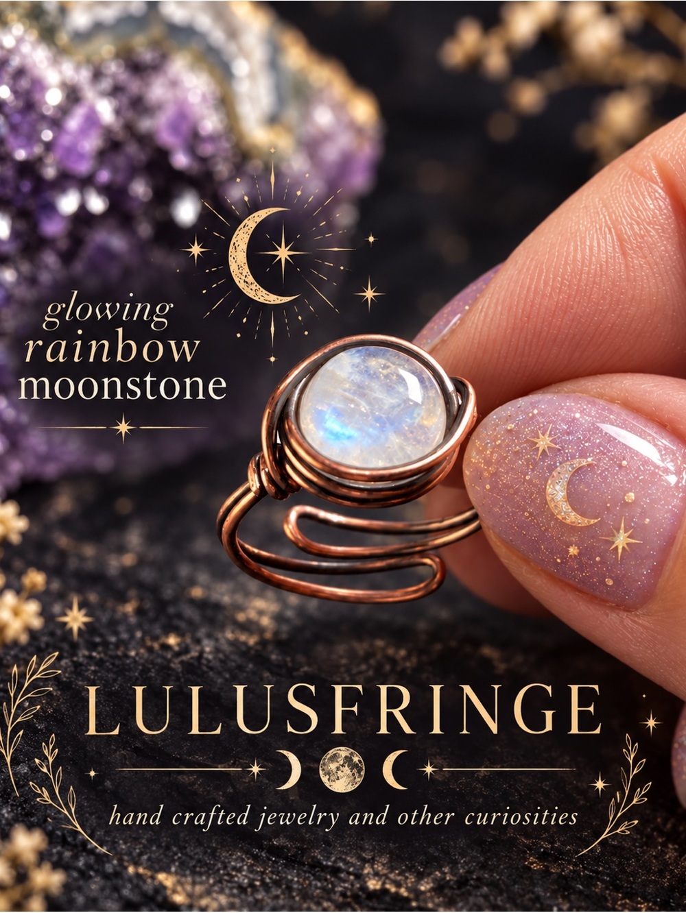 Artisan Copper Ring with Iridescent Rainbow Moonstone